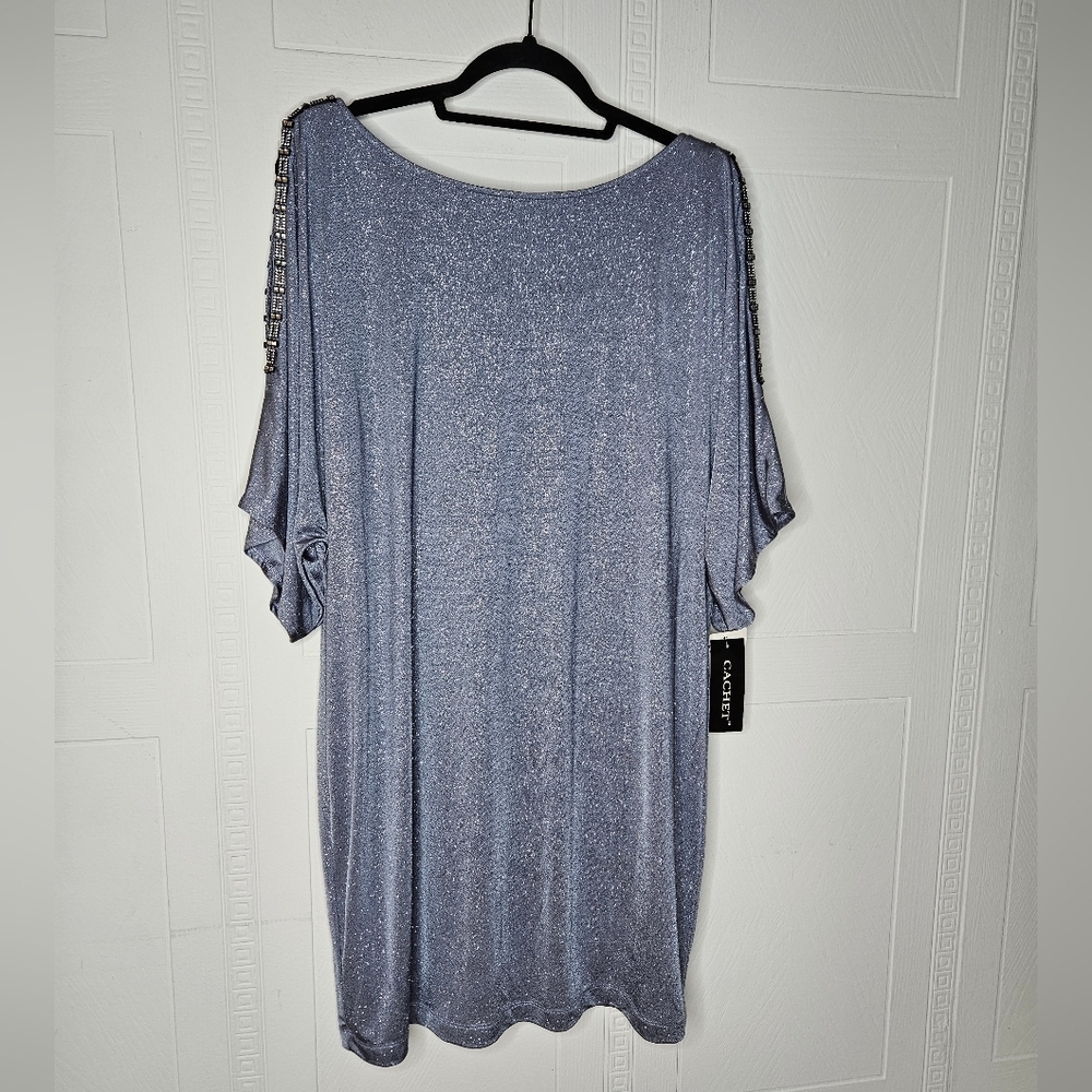 Cachet Blue Gray Mini Dress Cold Shoulder Rhinestone Glitter Cowl Back Sz 16 NWT